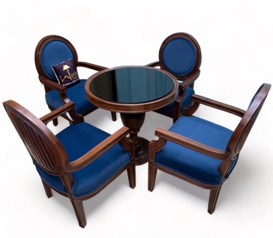 Wooden Twist Winsome Round Teak Wood 4 Seater Dining Table Set-Blue