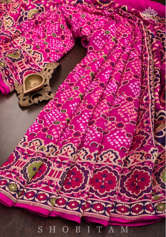 Exclusive Design Multi - Meenakari Jaal Pure Georgette Banarasi Saree with Authentic Hand Bandhej in Pink | SILK MARK CERTIFIED