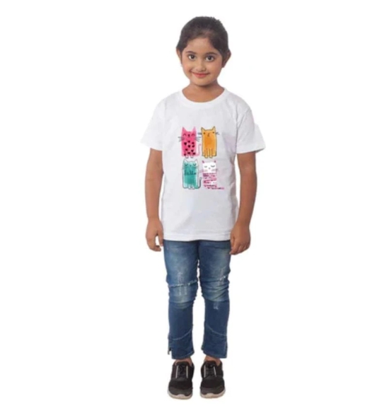 Girls Cotton Cat Half Sleeve TShirt (White) PID41470