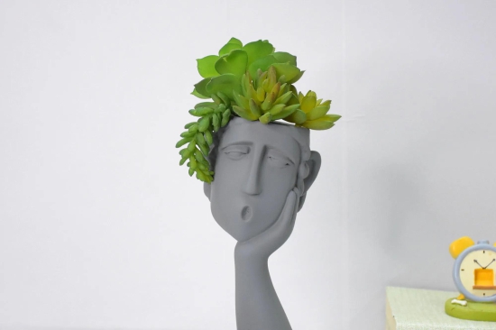 Human Thinking Showpiece Cum Table Planter : Grey