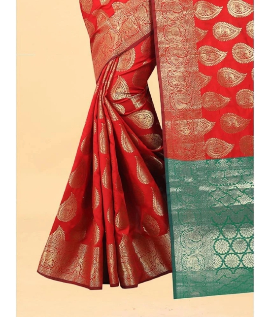 Gazal Fashions - Red Banarasi Silk Saree With Blouse Piece ( Pack of 1 ) - Red