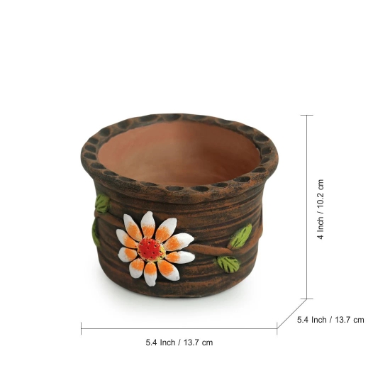 Mud Blossom Pair Handmade & Handpainted Terracotta Planter Pots (4 Inch, Set of 2)