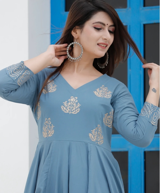 Steel Blue Hand Block Printed Anarkali Set Blue M