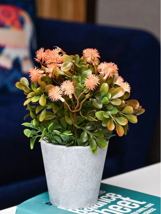 Orange & Green Artificial Flower with Pot - Cylindrical Shape