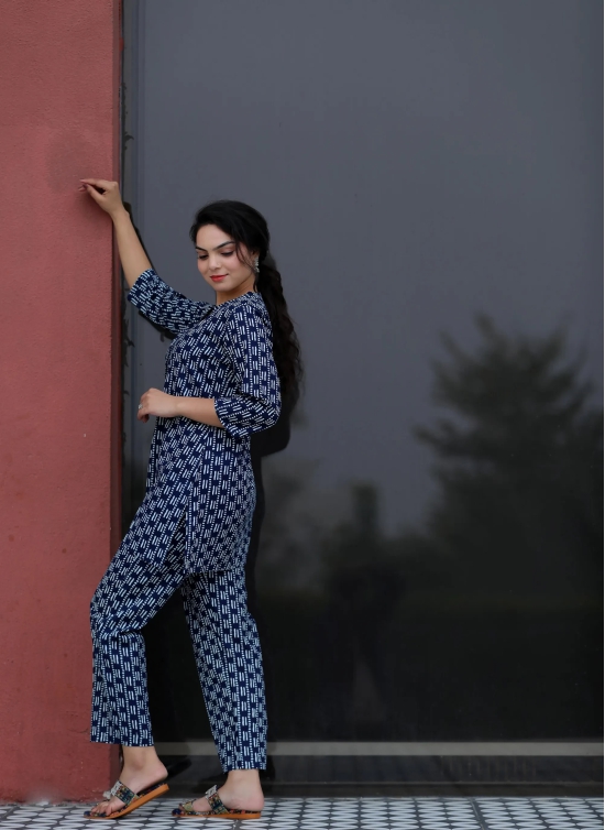 Plus Size Blue Printed Cotton Loungewear Set-XL