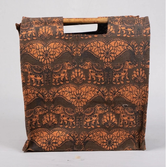  Elephant Print Jute Tote Bag with Wooden Handles