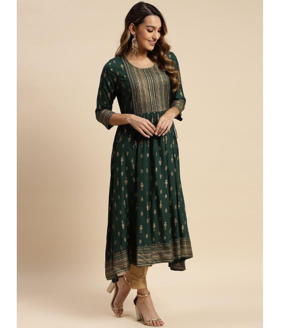 Rangita Women Rayon Green Gold Printed Calf Length Kurti Anarkali - None