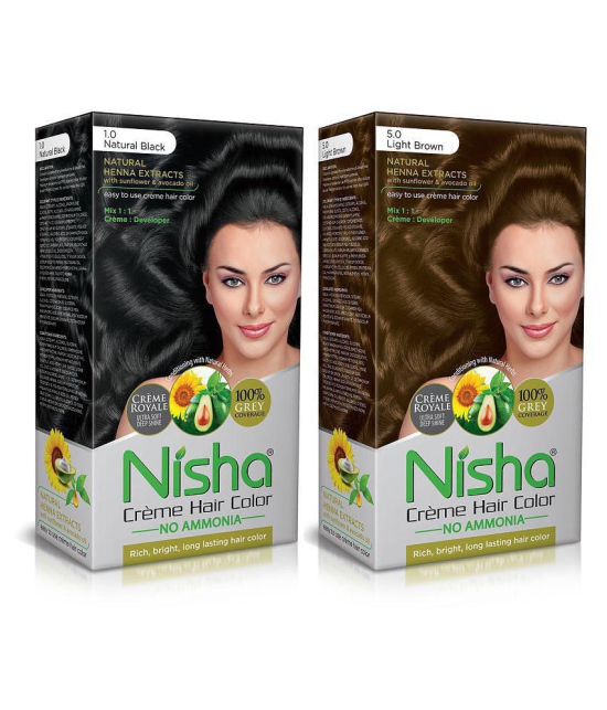 Nisha (60gm, 60ml, 12ml) Cream Each Pack Permanent Hair Color Light Brown Natural black 1 & Light Brown 5 120 mL Pack of 2