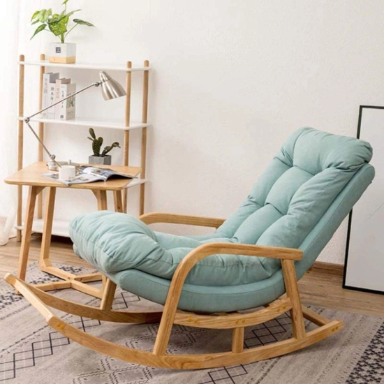 Rocking Chair Colonial and Traditional Super Comfortable Cushion Chair (Natural Polish)-Sky Blue