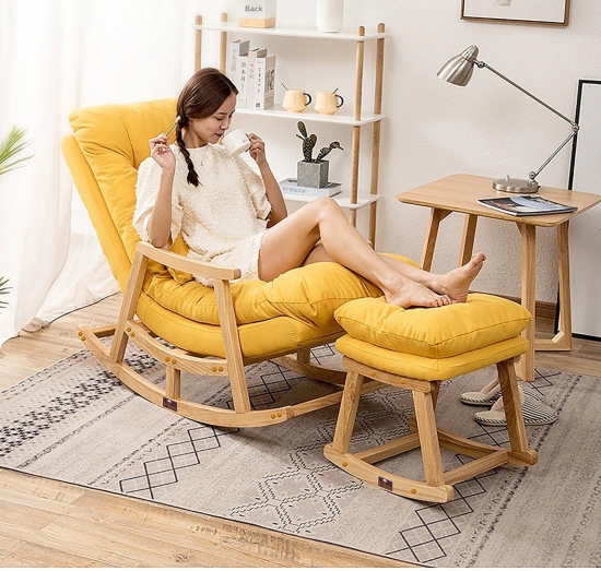 Wooden Twist Colonial and Traditional Super Comfortable Cushion Rocking Chair And With Footrest (Natural Polish)-Yellow