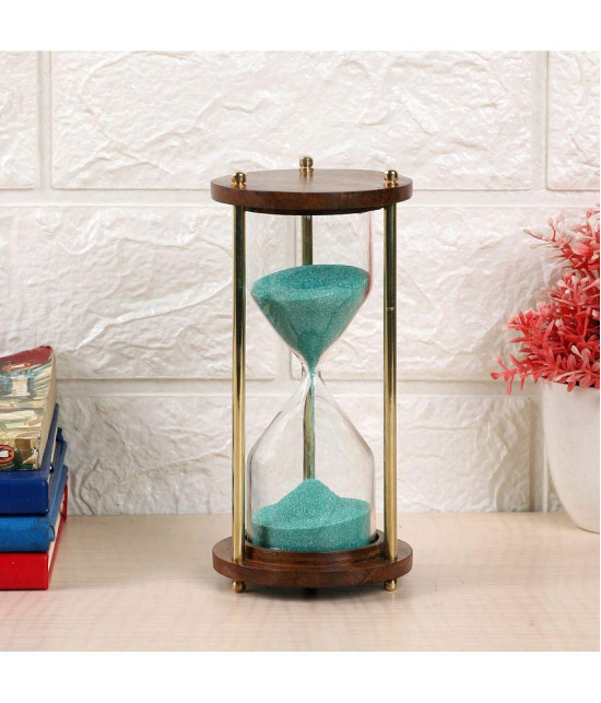 HOMETALES - Brass and Wood Green Sand Timer Showpiece 14 cm