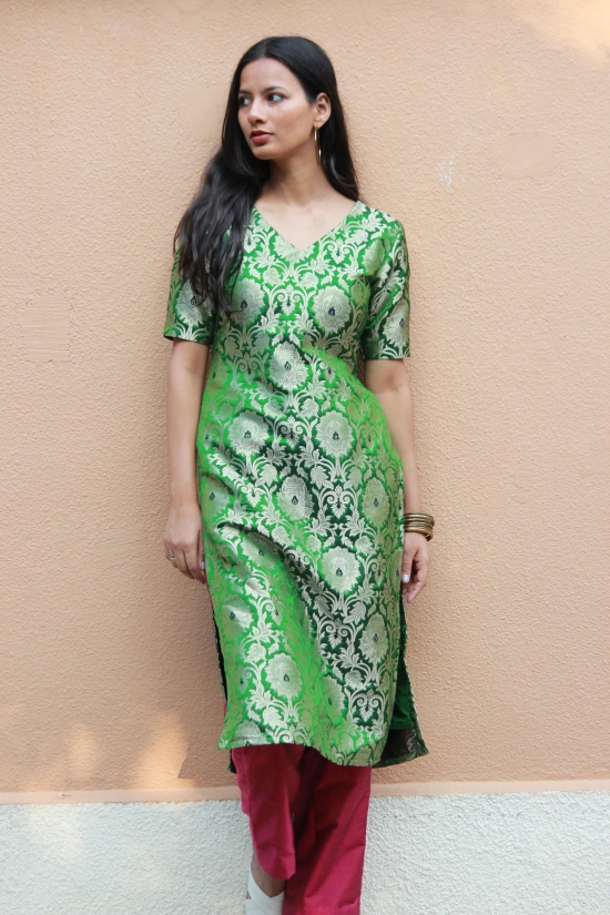 Green Brocade Kurta And Pants-XS / Kurta