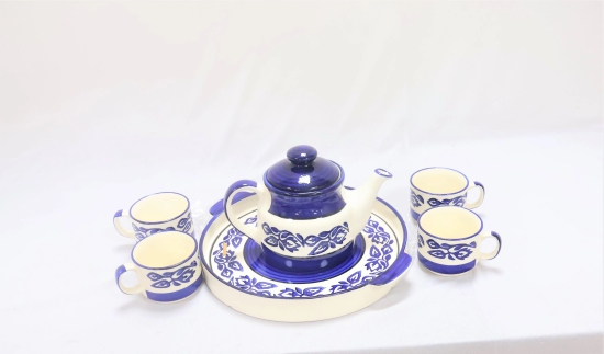 Khurja Pottery Murli Mug Tea Set White & Blue Color Big