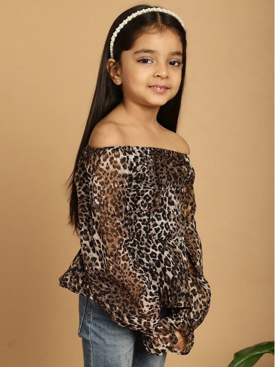 MINI & MING Girls Animal Printed Off-Shoulder Puff Sleeves Gathered Bardot Top