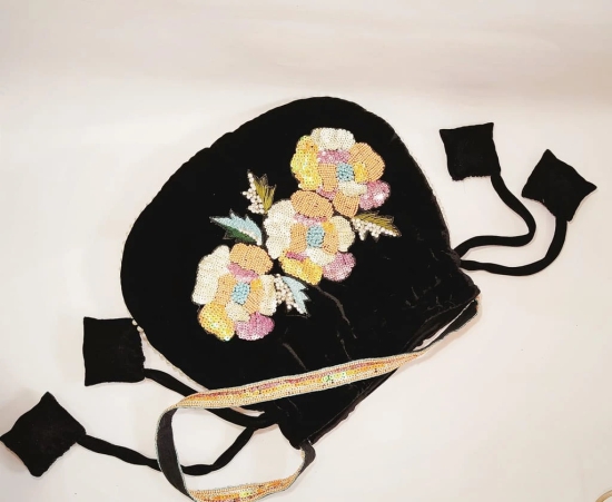 Black Velvet Beaded Floral Drawstring Bag