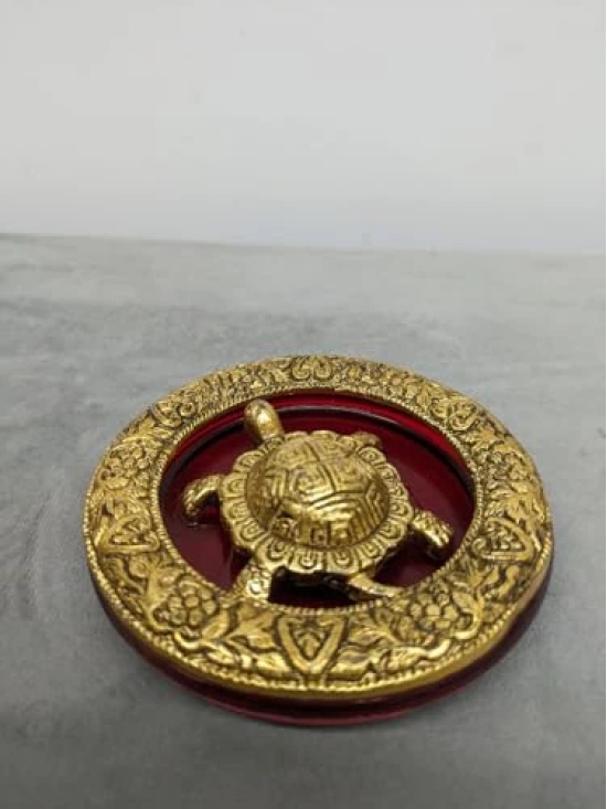 Aarna Creations Vastu Tortoise | Red Golden Kachua Plate | Metal Glass Fengshui Tortoise