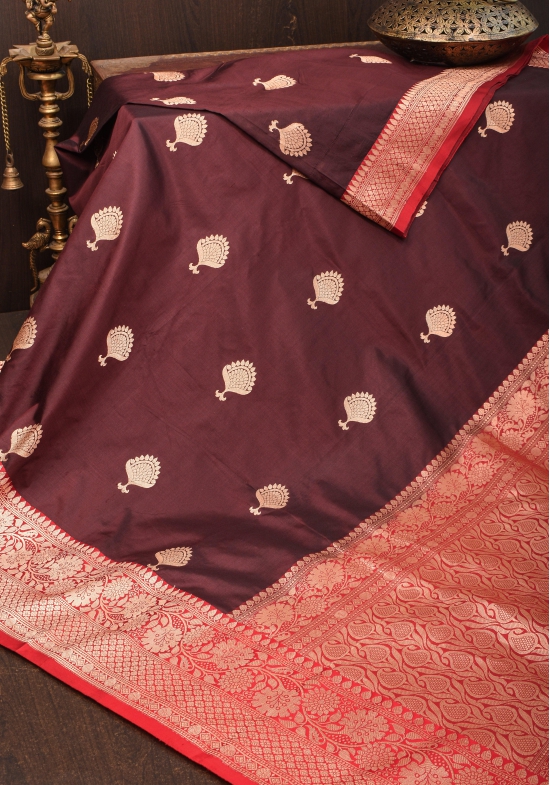 Banarasi Katan Silk Saree in Brown & Red with Damask Motifs | SILK MARK CERTIFIED