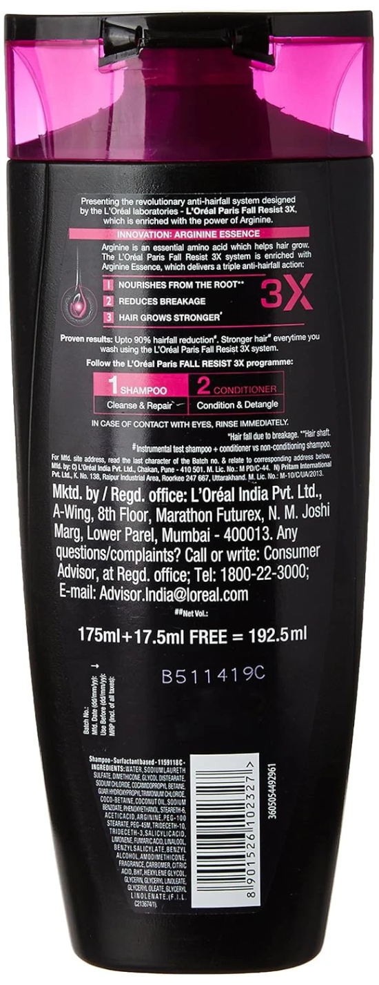 L'Oreal Paris Fall Resist Anti-Hair Fall Shampoo 3X, 192.5 Ml (175Ml + 17.5Ml)