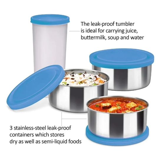 Milton Steel Combi Lunch Box with 3 Containers and 1 Tumbler with jacket | Light Weight | Microwave Safe Light Blue