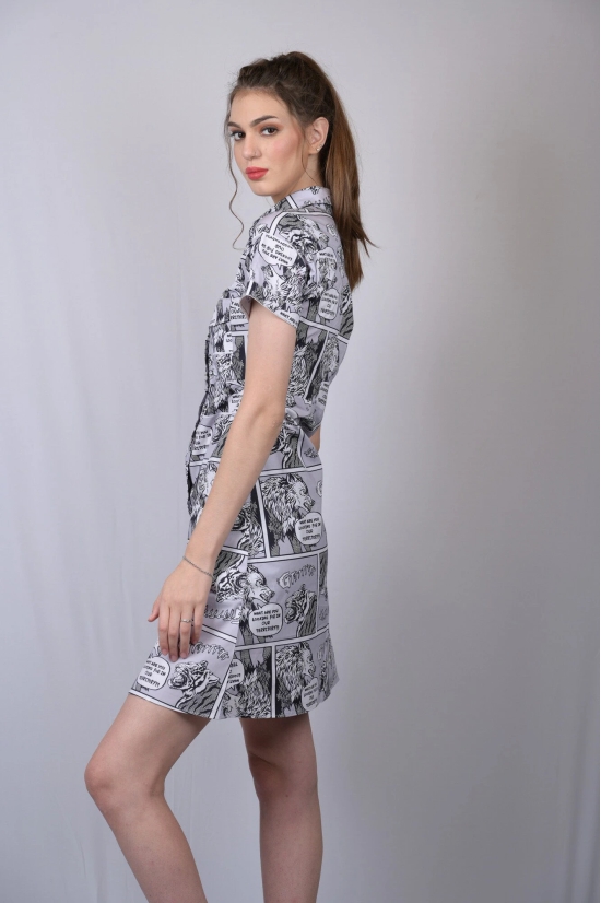 OWO THE LABEL Paper Print Collared Neckline Dress (OTL-DRS1020)-Grey / M