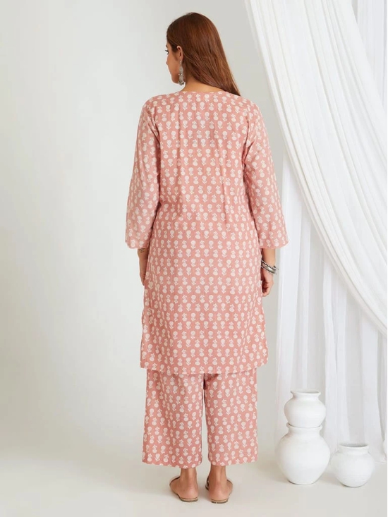 BREATHABLES Women Cotton Printed Loungewear Kurta and Pants Co-ord Set 3/4 Sleeve V Neck Comfort Loose Fit Peach I Night Wear | Co-ord set | Lounge Wear Set