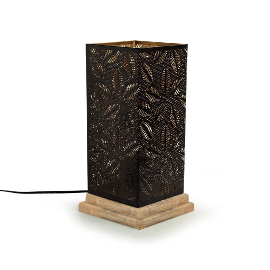 Leafy Plants Hand Etched Table Lamp In Iron & Mango Wood (12 Inch)