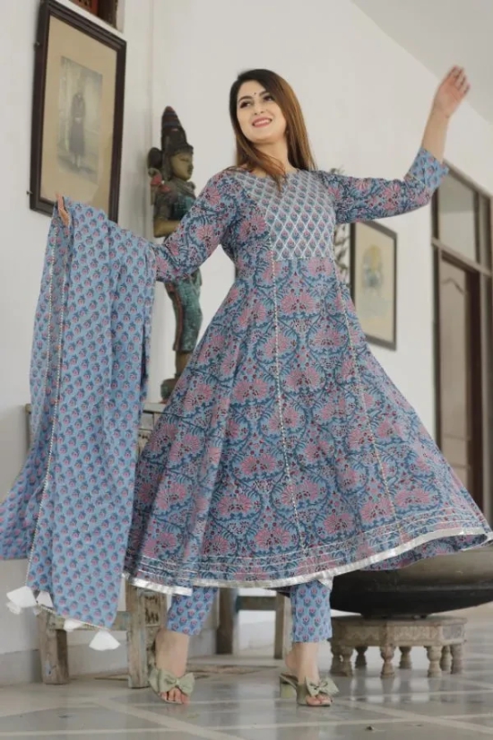 Dodge Blue Hand Block Printed Aanarkali Set XL