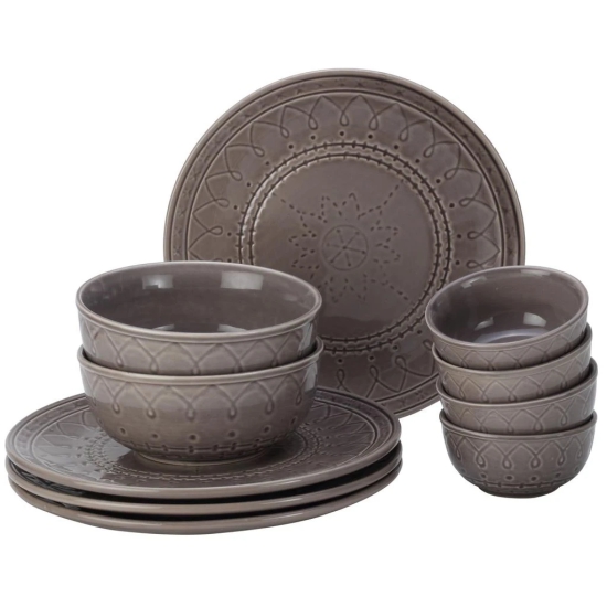 Aadeep Handcrafted Emboss Stoneware Ceramic Dinner Set, 10 Pieces Dish Set Serving for 4, Microwave and Dishwasher Safe, Bone-ash Free, Crockery Set for Dining and Gifting, Ash Grey