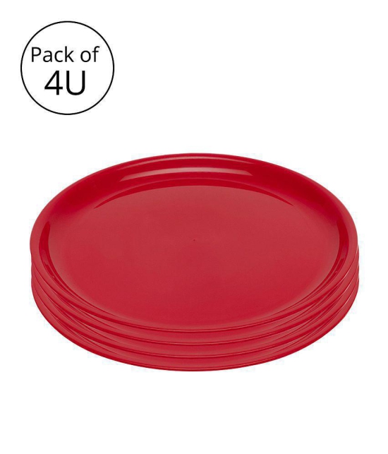 HOMETALES Plastic Microwave Safe Plates, (Pack of 4) Full Plate, Dia 11inch - Red Colour - Red