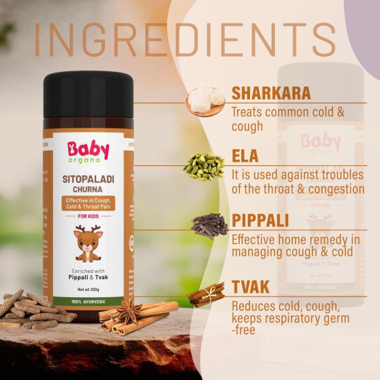 BabyOrgano Sitopaladi Churna For Kids | Contains Pippali & Tvak | Effective in Kid's Cough Naturally | 100% Ayurvedic