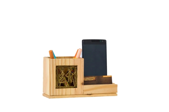 Pine Wood Pen Stand With Card & Mobile Holder