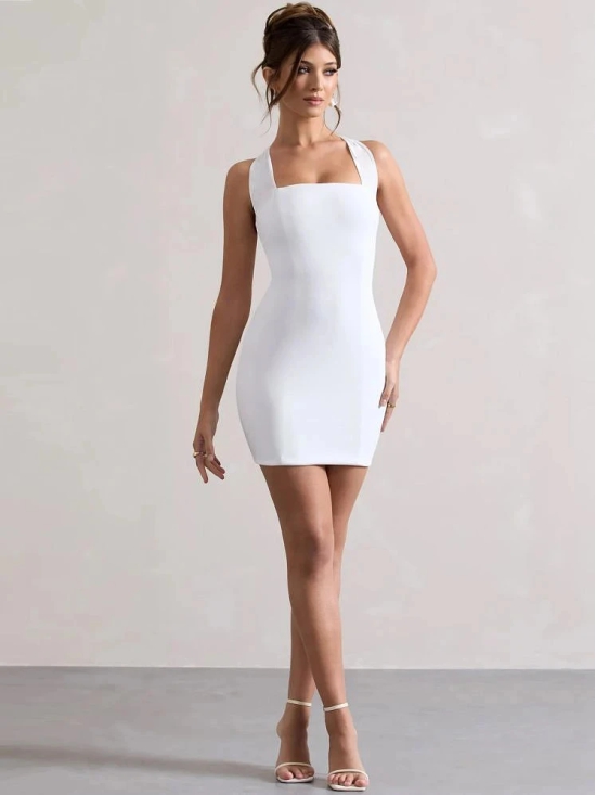 clafoutis Lycra Solid Mini Womens Bodycon Dress - White ( Pack of 1 ) - None