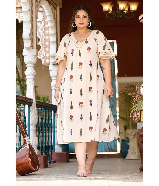 PrettyPlus by Desinoor.com Cotton Blend Printed Midi Womens A-line Dress - Off White ( Pack of 1 ) - None