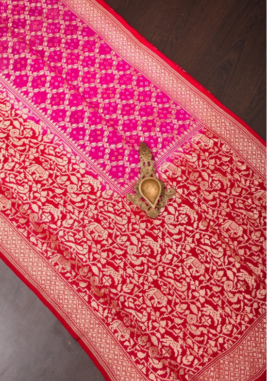 Pink Authentic Hand Bandhej Banarasi Silk Georgette Saree with geometric Jaal and Shikaargah Borders | SILK MARK CERTIFIED