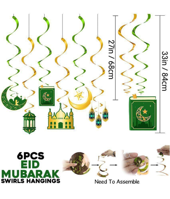 Zyozi 6 Pieces Ramadan Mubarak Decorations, Eid Mubarak Hanging Swirl Shining Gold Star Moon Lantern Ceiling Hanging Decor,Eid Mubarak Party Supplies - Green