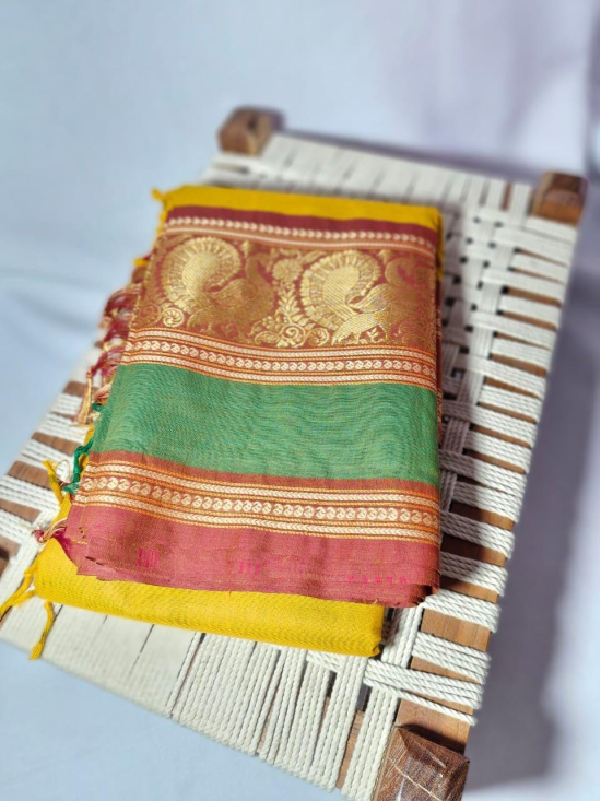 NVKCD001- Yellow color with Brown and Pastel Green Broder Kanchi Cotton  Handoven Saree