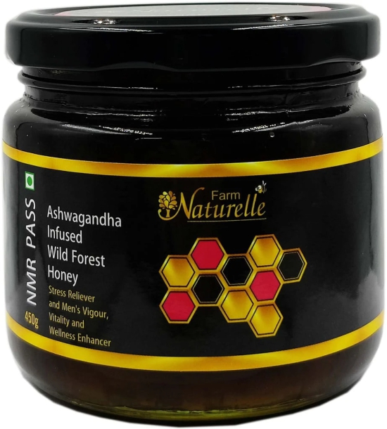 Farm Naturelle - Raw, 100% Natural NMR Tested, Pass, Certified Ashwagandha Infused Wild (Forest) Flower Honey(450Gram) Glass Bottle.