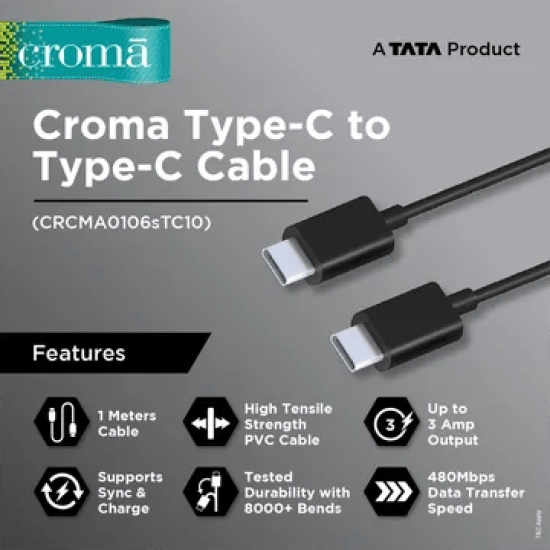 Croma Type C to Type C 3.3 Feet (1M) Cable (Apple Compatible, Black)