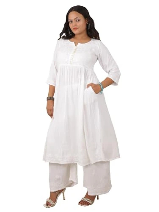 Pravia Lucknowi Chikankari Hand Embroidered White Long Gown Kurti Set with Hand Embroidered Palazzo for Girls & Women