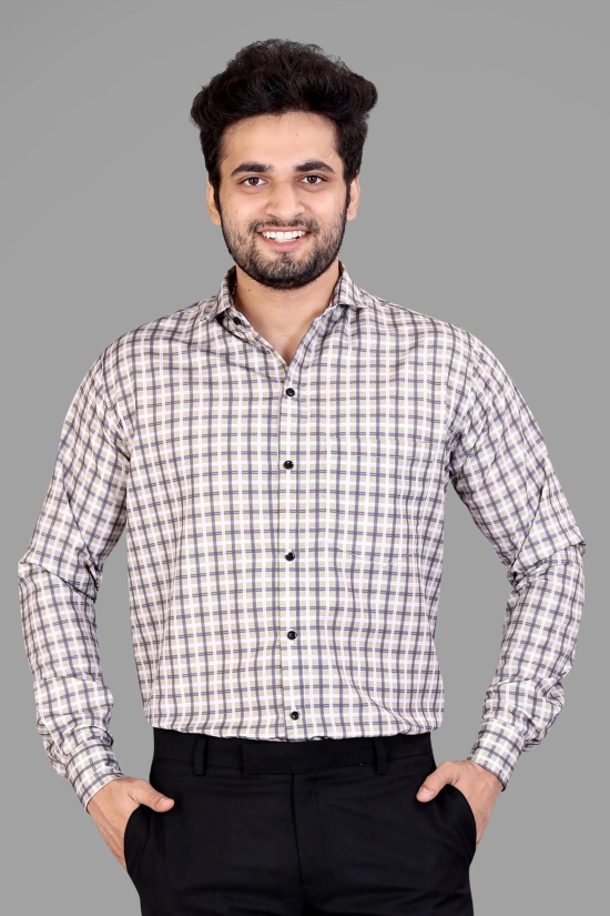 Cream Cotton Blend Checks Print Casual Shirt-XL