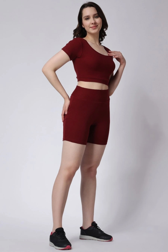 Womens Maroon Gym Co-Ord Set Ribbed Half Sleeves with Shorts-S / Maroon