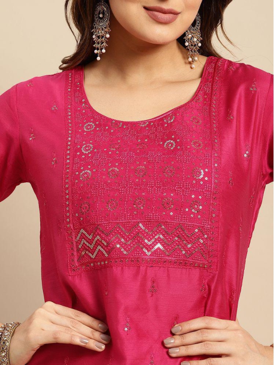 Rangita Women Chanderi Pink Sequin Yoke Embellished Calf Length Straight Kurti - None