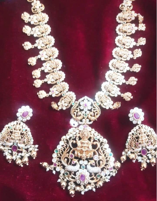 Stunning Lakshmi Temple Haram Necklace Set in Gold with Pearls and Rubies