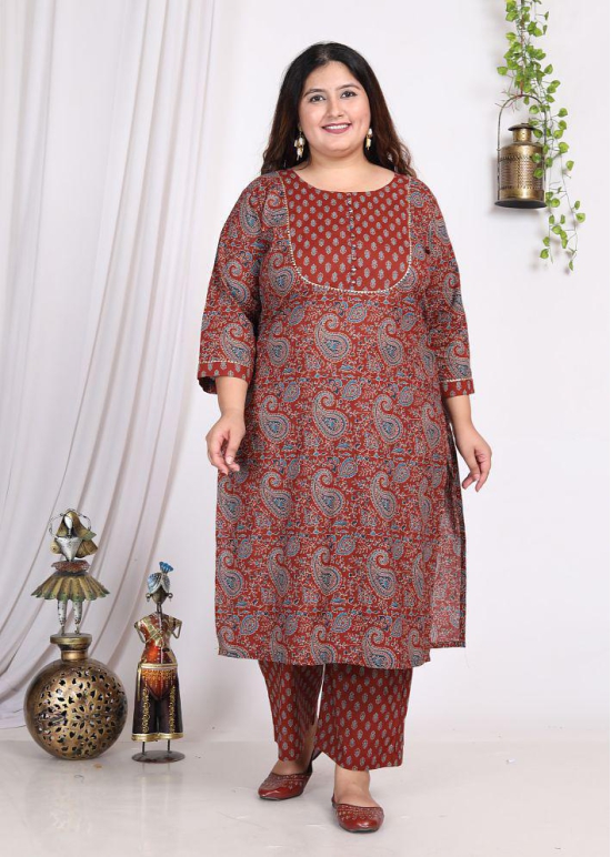 Swasti Cotton Printed Kurti With Palazzo Womens Stitched Salwar Suit - Maroon ( Pack of 1 ) - None