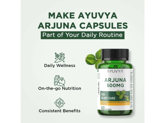 Ayuvya Arjuna Capsules || 500mg Bark Extract, Arjun Ki Chaal Powder - Heart Health Supplement for Cholesterol & Blood Pressure Management, 60 Capsules