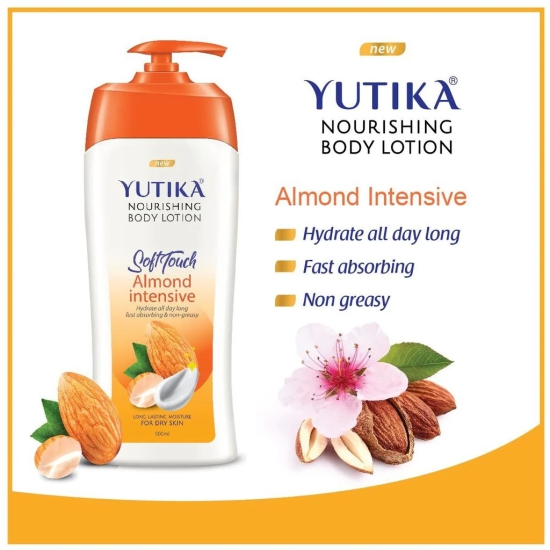 Yuthika Almond Body Lotion 500ml and Lip Care 10gx2Pcs, Nourishing Body Lotion and Lip Balm Combo Pack