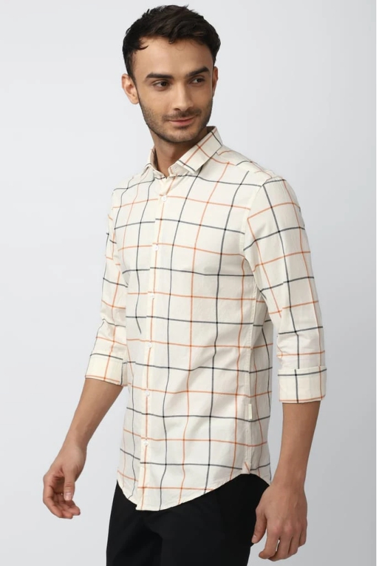 Men Cream Super Slim Fit Check Full Sleeves Casual Shirt