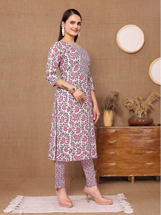 Rangita Women Cotton Pink Floral Printed Calf Length Straight Kurti With Pants - None