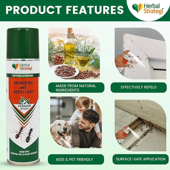 Herbal Strategi Ant Repellent Aerosol Spray - 200ml | Smarter way to Shuu Ants away | 100% Herbal and Chemical free | Baby and Pet safe | Certified Ayurvedic | Effective on all types of Ants