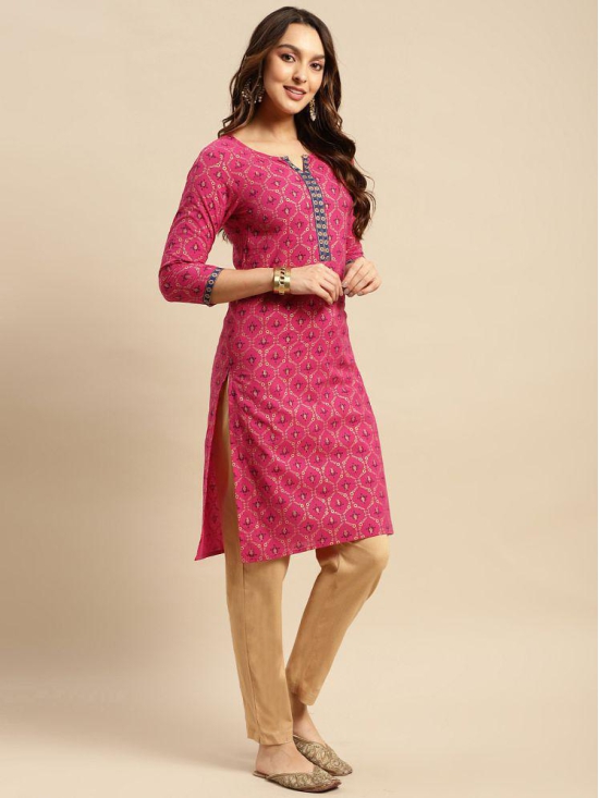 Rangita Women 100% Cotton Pink Contrast Placket Gold Printed Knee Length Straight Kurti - None